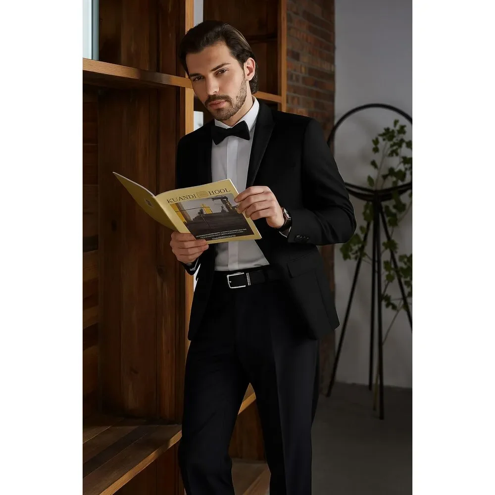 Mage Male New Slim Fit Black Satin Lapel Blazer 1 Button Double Vent Size Small
